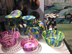 These stools and baskets are created from recycled flip-flops found on the beaches of Africa. Designed by Diederik Schneemann.